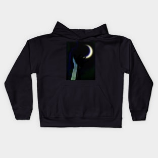 Digital collage and special processing. Hand pointing to the moon. Very beautiful. Blue and green. Kids Hoodie